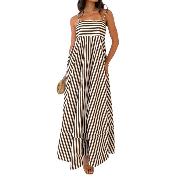 Commense Brown White Striped Maxi Dress NWT Sleeveless Size XL - Picture 2 of 5